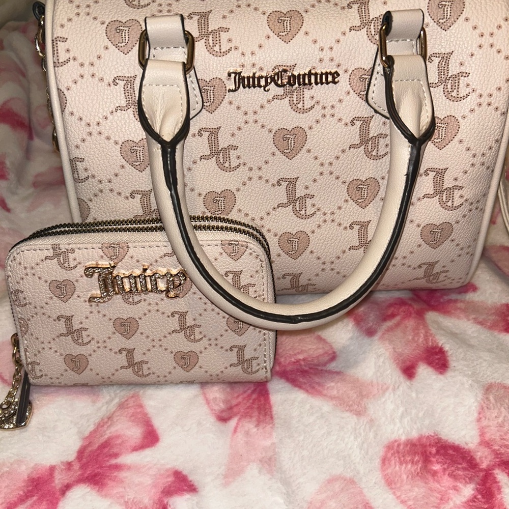 Juicy Couture Cream Blush Monogram Satchel with Matching Wallet